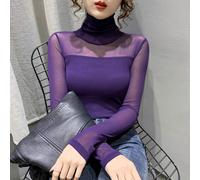 Donna Dolcevita Camicia Rete a Contrasto Puro Top Al Sedere Maglia Slim Base Tee