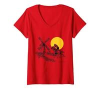 Donna Don Quijote Contro Mulino a Vento al Sole Maglietta con Collo a V, Rosso, XL
