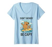 Donna Don’t Worry Be Capy Cute Funny Capybara Surfing Beach Summer Maglietta con Collo a V