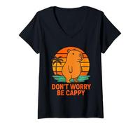 Donna Don’t Worry Be Capy Funny Capybara Beach Retro Sunset Summer Maglietta con Collo a V