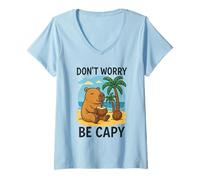 Donna Don’t Worry Be Capy Funny Capybara Drinking Coconut by Beach Maglietta con Collo a V