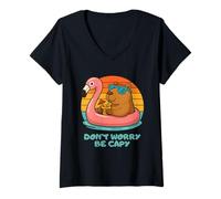 Donna Don’t Worry Be Capy Funny Capybara Float Flamingo Summer Maglietta con Collo a V