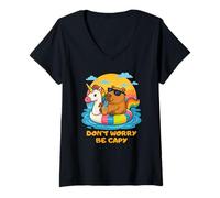 Donna Don’t Worry Be Capy Funny Capybara Float Unicorn Summer Maglietta con Collo a V