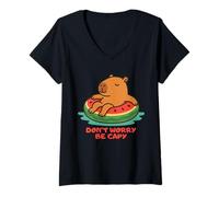 Donna Don’t Worry Be Capy Funny Capybara Float Watermelon Summer Maglietta con Collo a V