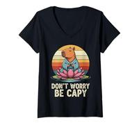 Donna Don"t Worry Be Capy Funny Capybara Love Yoga Estate Retro Maglietta con Collo a V