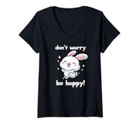 Donna Don' t Worry Be Hoppy Cute Easter Bunny Maglietta con Collo a V