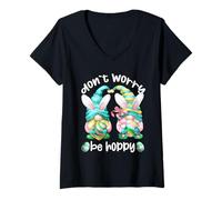 Donna Don`t Worry Be Hoppy with Cute Bunny Ears And Easter GNOME Maglietta con Collo a V
