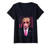 Donna Donald Trump Pink Bubblegum Satire - Pop Art con Bandiera USA Maglietta con Collo a V