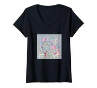 Donna DONNA FLOREALE ACQUERELLO BOTANICO FIORE LIVELLA E FORMICHE Maglietta con Collo a V