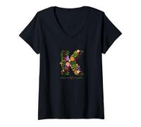 Donna Donna Floreale K Iniziale Acquerello Botanico FIORE LETTERA Maglietta con Collo a V