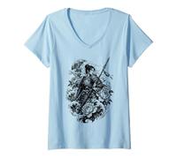 Donna Donna Tradizionale Giapponese Samurai in Stile Irezumi Maglietta con Collo a V