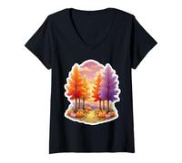 Donna Donne Autunno Tramonto Scena Autunno Amante Zucche Vintage Maglietta con Collo a V