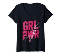 Donna Donne di Potere GRL PWR Motivazione Forza Femminista Girl Maglietta con Collo a V