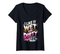 Donna Donne Mi Piace Bagnato E Sporco Fango Run Mudding Running Muddy Maglietta con Collo a V