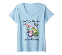 Donna Don't Be Stressin' Life's a Blessing God Frog Cute Butterfly Maglietta con Collo a V