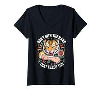 Donna Don't Bite the Hand Fierce Tiger Graphic Maglietta con Collo a V