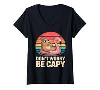 Donna Don't Worry Be Capy Capybara e Flamingo Retro Summer Maglietta con Collo a V