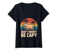 Donna Don't Worry Be Capy Capybara Retro Tramonto Vintage Maglietta con Collo a V