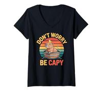 Donna Don't Worry Be Capy Carino Kawaii Retro Vintage Capybara Maglietta con Collo a V