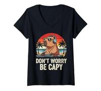 Donna Don't Worry Be Capy Funny Capybara Summer DJ Beach Retro Maglietta con Collo a V