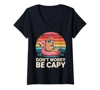 Donna Don't Worry Be Capy Vintage Tramonto Amore Capybara Retro Maglietta con Collo a V