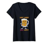 Donna Don't Worry Beer Happy Maglietta con Collo a V