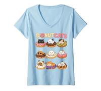 Donna Donut Cats Adorabile Tema Dessert Gatto Anime Maglietta con Collo a V