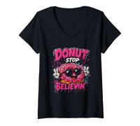 Donna Donut Stop Believin - Divertente, Gioco di Parole e Graffiti Maglietta con Collo a V