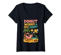 Donna Donut Worry and Bee Happy Funny Comic Characters Cartoon Maglietta con Collo a V