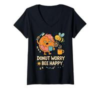 Donna Donut Worry and Bee Happy Funny Comic Characters Cartoon Maglietta con Collo a V