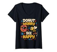 Donna Donut Worry and Bee Happy Funny Comic Characters Cartoon Maglietta con Collo a V