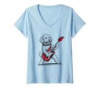 Donna Doodle Rock Style Divertente Cane Che Suona Chitarra Rocker Maglietta con Collo a V