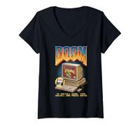 Donna Doom Retro Desktop Computer Install Funny Video Game Maglietta con Collo a V