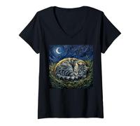 Donna Dormire Grigio Tabby su Una Notte al Chiaro di Luna Opera d'Arte Maglietta con Collo a V