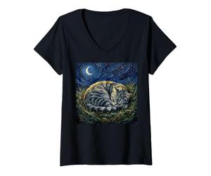Donna Dormire Grigio Tabby su Una Notte al Chiaro di Luna Opera d'Arte Maglietta con Collo a V
