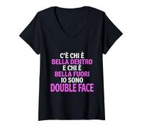 Donna Double Face Scritte Divertenti Ironiche Bella Dentro Fuori Maglietta con Collo a V