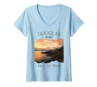 Donna Douglas Isola di Man Souvenir Turismo Viaggi Famiglie Uomini Ragazzo Maglietta con Collo a V