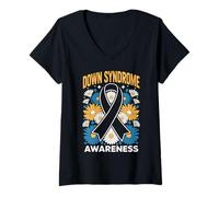 Donna Down Syndrome Awareness Ribbon Blue Yellow Daisy Ally Maglietta con Collo a V