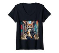 Donna Downtown Alley Cat Street Rough Guy Gat Kitty Feral Feline Maglietta con Collo a V