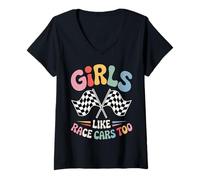 Donna Drag Racing Girls Like Race Cars Troppo Divertente Auto da Corsa Maglietta con Collo a V