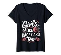 Donna Drag Racing Girls Like Race Cars Troppo Divertente Auto da Corsa Maglietta con Collo a V