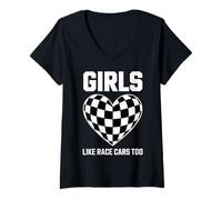 Donna Drag Racing Girls Like Race Cars Troppo Divertente Auto da Corsa Maglietta con Collo a V