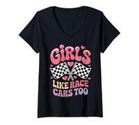 Donna Drag Racing Girls Like Race Cars Troppo Divertente Auto da Corsa Maglietta con Collo a V