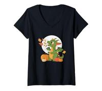 Donna Drago Autunnale con zucche sputano Foglie Autunnali Maglietta con Collo a V