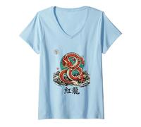 Donna Drago Celeste Rosso La Bestia Azzurra Maglietta con Collo a V