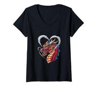 Donna Drago con fumo a forma di cuore Maglietta con Collo a V