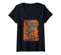 Donna Drago e Tigre Battaglia Vintage Asian Art Maglietta con Collo a V