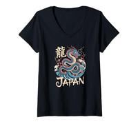Donna Drago giapponese con onde fiori di ciliegio Kanji Souvenir Maglietta con Collo a V