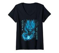 Donna Drago giapponese volante verde con tatuaggio fantasia Kanji Maglietta con Collo a V