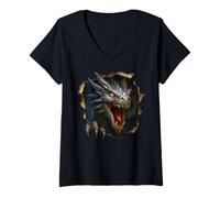 Donna Drago Strappato Panno Mitico Creatura Grafica 3D Maglietta con Collo a V
